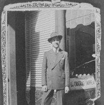 Nick Hideriotis in front of The Chocolate Shoppe, Merrimack St., Haverhill