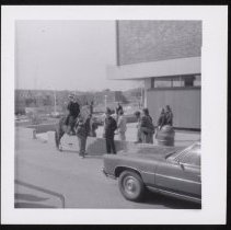 Person in colonial costume on a horse, Haverhill Public Library, Haverhill