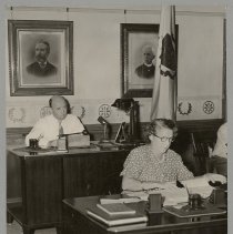 Mayor Bernard H. Donahue and clerk Adra Annis Chase, Haverhill, 1949