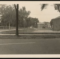 Greenleaf School with completed WPA stone wall, 1938