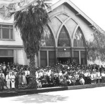 Members of the State Street Christian Church in front of the church buildin