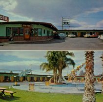 Two photos on one card of the Desert Motel in Brawley. Top photo is an over