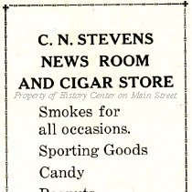 C. N. Stevens Newsroom & Cigar Store ad from 1926 Manscript