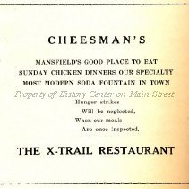 Cheesman's X-Trail Restaurant ad from 1926 Manscript
