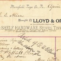Lloyd & Opp [Hardware] Invoice to Esther Allen dated 1891