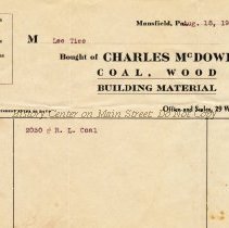Charles McDowell Invoice to Lee Tice August 1916, Two tons of coal for $3.1
