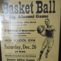Poster promoting MHS basketball game with present team and alumni of 1924 c