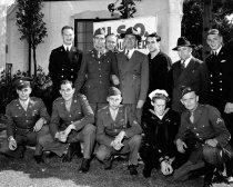 Bill Kyne with Servicemen at the San Mateo USO Headquarters, c. 1943