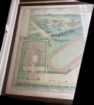 Framed watercolor illustration of the original plans for Cow Palace. Images