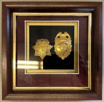 Shadow box display of two badges owned by Jean Fassler