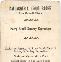 GALLAGHER'S DRUG STORE ad card