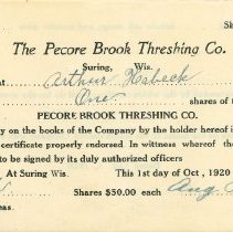 The Pecore Brook Threshing Co. Stock Certificate