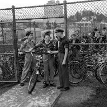Virgil junior high school activities.  Bicycles are checked by school club leaders.