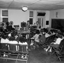 Bancroft junior high school activities.  Boys demonstrating projectors in classroom.