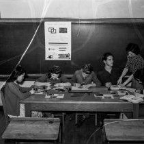 Bancroft junior high school activities.  Students making slides, teacher supervising.