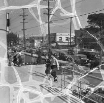 Emerson junior high school.  Exterior.  Group of students at main entrance.
