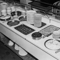 Bancroft junior high school activities.  Cafeteria.  Vegetable steam table.