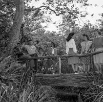 Ferndell in Griffith park, Los Angeles. (Showing students from Marshall high school on rustic bridge)