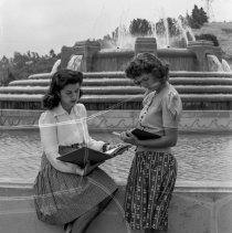 Mulholland fountain near the entrance to Griffith park, Los Angeles.  (Showing students from Marshall high school)