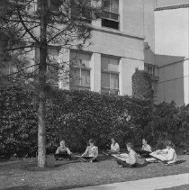 [54th] Fifty-fourth street school activities. Art class sketching trees.