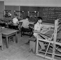 Washington Boulevard school, Elementary activities.  Boy operating loom.
