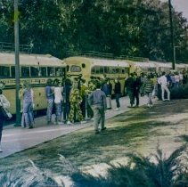 [Students getting ready for school journey or field trip with school busses
