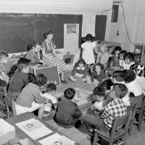 Sterry school activities.  Special education.  Pupils engaged in various classroom activities [students and teachers watching chicks, agriculture, farm].