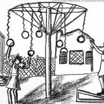 Drawings made by children of Canfield Ave. School showing right and wrong use of playground equipment. Right use of travelling rings.