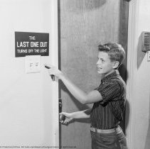 Thrift, conservation and school savings pictures. "The last one out turns out the light."