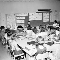 Class activities at Bellagio Road Elementary School.  Students and teachers are shown using the library facilities, music instruction, using audio visual equipment, playing musical instruments, and art.