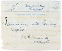 Telegram announcing the Armistice, William Massey to George Armstrong