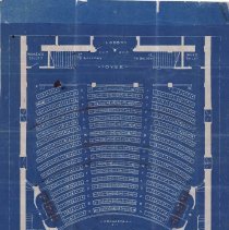 Architectural drawing of main auditorium level with boxes crossed out