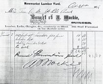 A. Mackie (Newmarket Lumber Yard) Invoice to (Mr. Lee C/O) St. Paul's Church; 1874