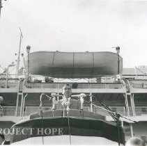 Richard Nixon in front of the SS HOPE at ship dedication.
