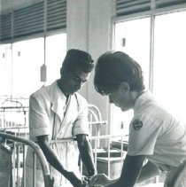 Inge Hansen with counterpart drawing blood at Kandy General Hospital Ceylon