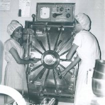 Autoclave donated by American Sterilizer with Jeanette Dillman in Ceylon.