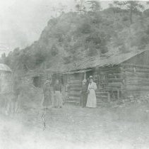 Horse and buggy in front of a cabin
