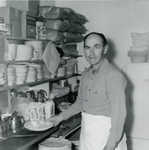 DeVere "Dud" Young in kitchen of Dud's Cafe
