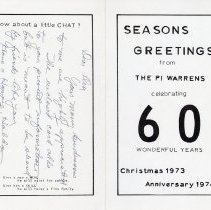 Holiday card from Pi Warren to Den Galbraith - front & back