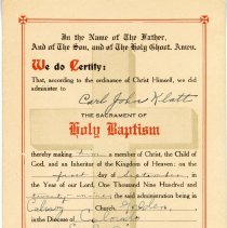 Baptismal certificate for Carl John Klatt