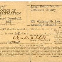 Draft Card Notice of Classification for Richard Grenfell - back