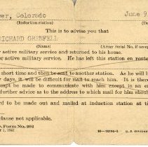 Draft Card notice of rejection for military serivce for Richard Grenfell