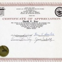 Certificate of Appreciation for Harold E. Bray, 1977