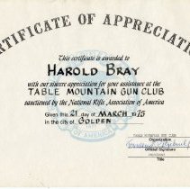 Certificate of Appreciation for Harold E. Bray, 1975