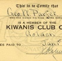 G. W. Parfet's membership card to The Kiwanis Club of Golden, 1922