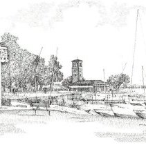 Bell Tower and Lake Scene