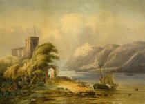 A European Lake Scene with Ruins