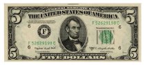 Series 1950-C, $5 Federal Reserve Note, 1964-F, F52629198C, U.S.