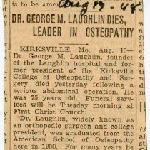 Newspaper Clipping "Dr. George M. Laughlin Dies, Leader in Osteopathy"