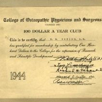 100 Dollar a Year Club Membership Certificate